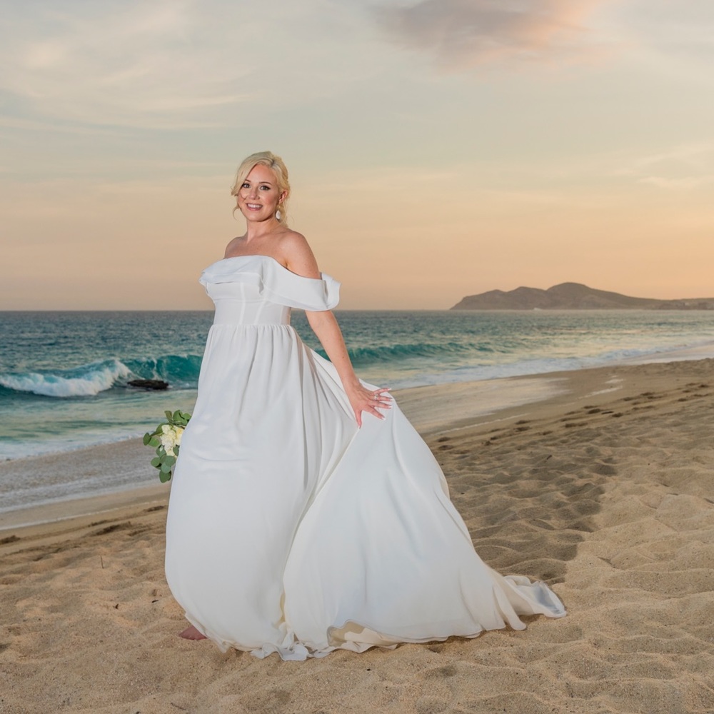 2021 Wedding Dress. Off the shoulder style with slit.